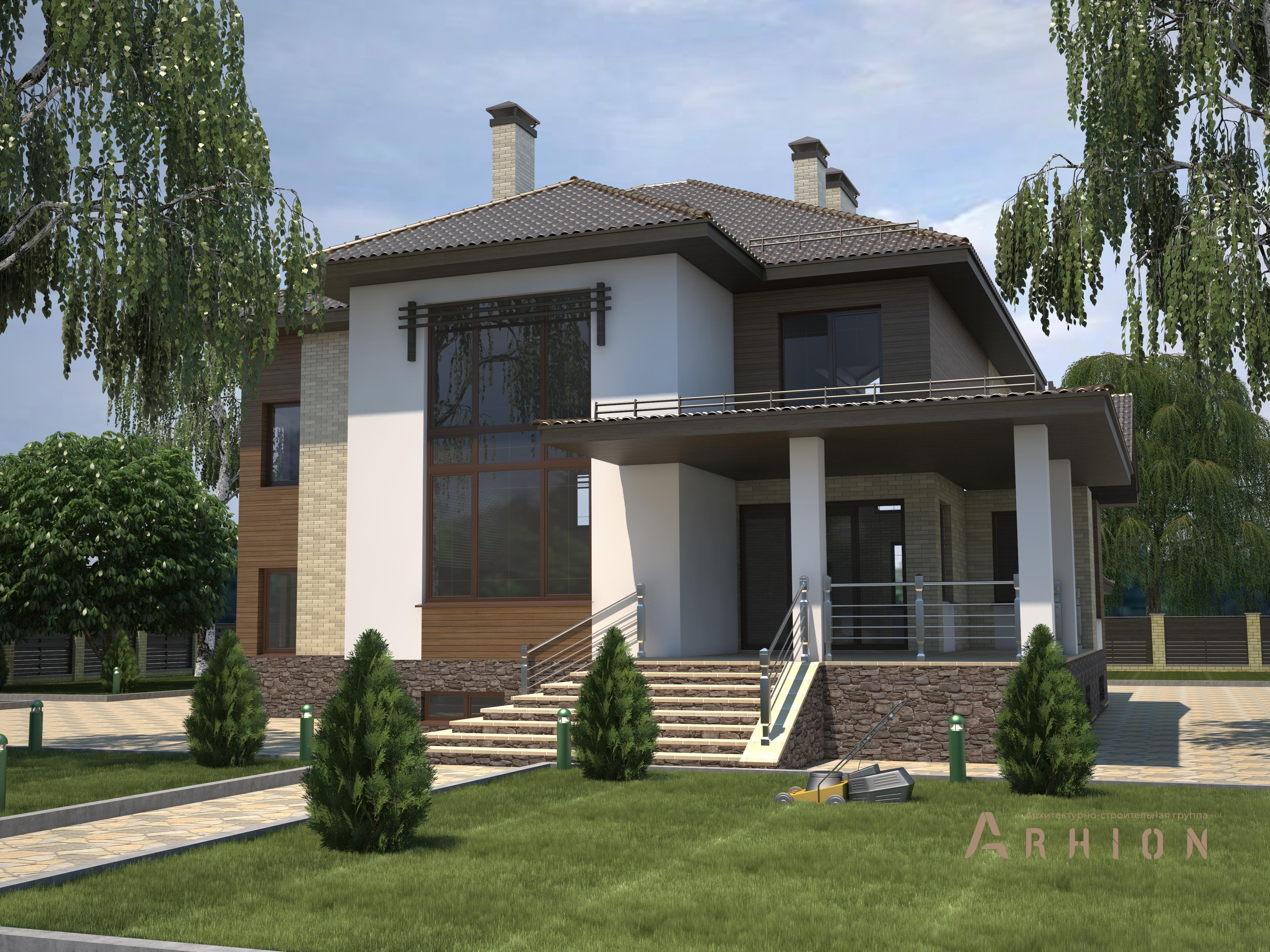 3. Проект двухэтажного дома в английском стиле с многоскатной кровлей, T-29, площадью - 456 кв c цокольным этажом, мансардой, терассой, гаражом, эркером, вторым светом